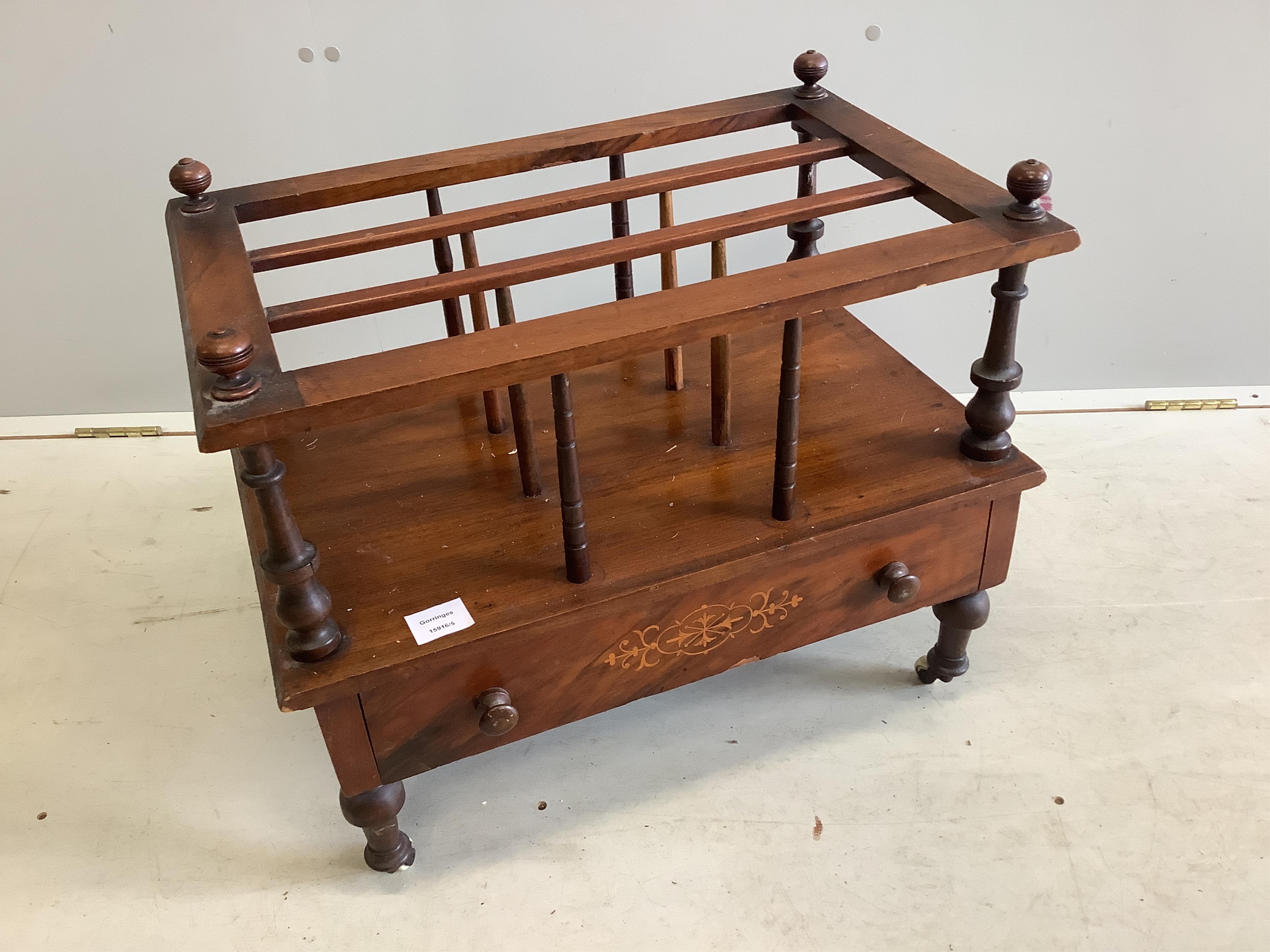 A late Victorian inlaid mahogany three division Canterbury, width 58cm, depth 38cm, height 50cm. Condition - fair